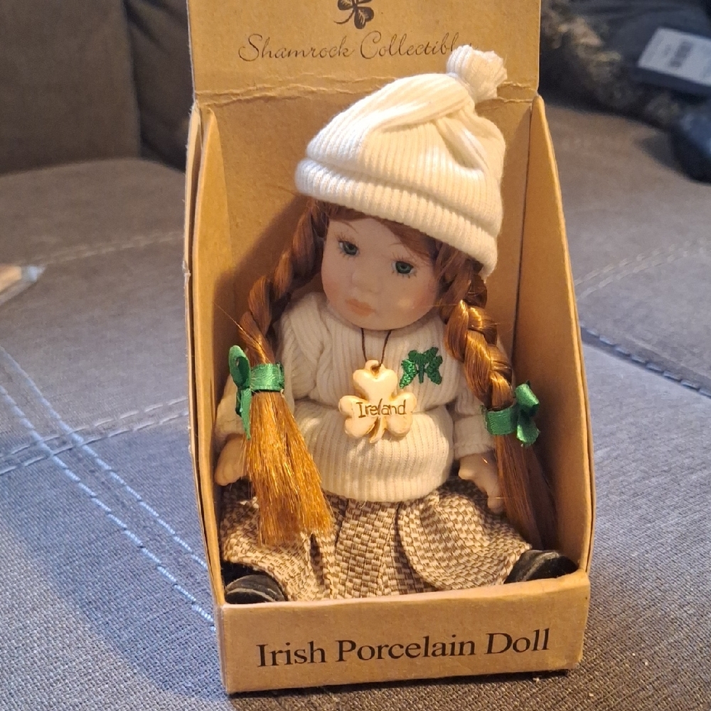 Irish Porcelain Doll with White and Brown Outfit